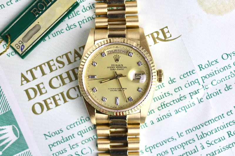 1985 Rolex 18038 Daydate 36mm Factory Diamond Dial with Papers