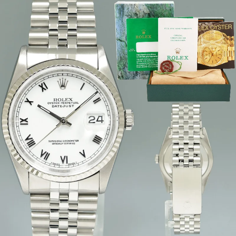 1994 MINT PAPERS Rolex DateJust 16234 White Roman Jubilee White Gold Fluted Watch