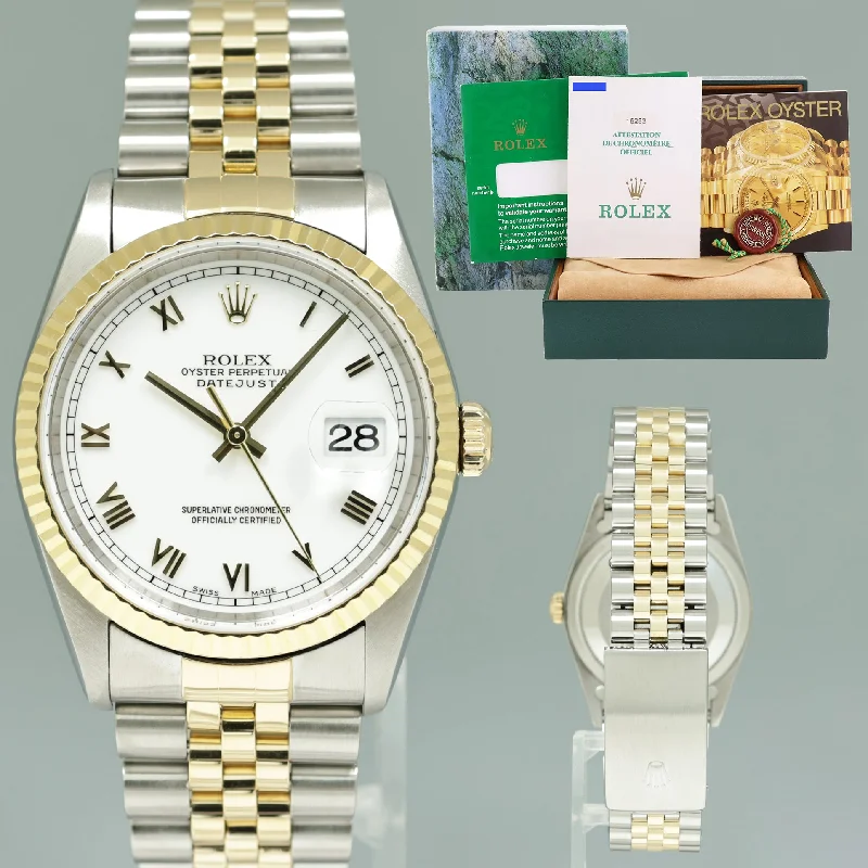 PAPERS MINT Rolex DateJust White Roman 16233 Two Tone Steel Jubilee Watch Box