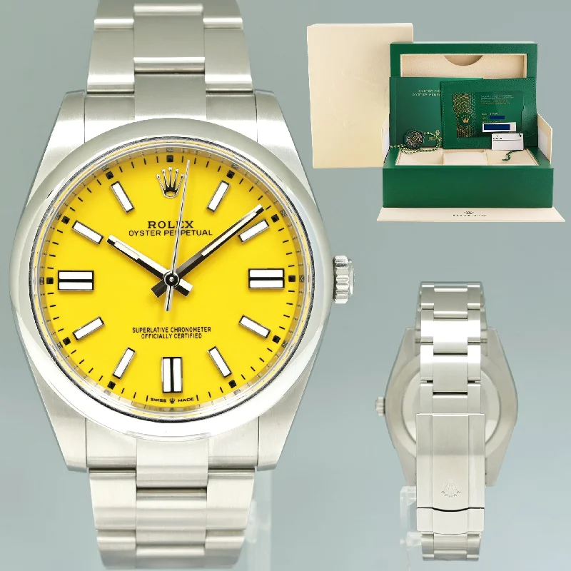 2021 NEW PAPERS Rolex Oyster Perpetual 41mm Yellow Stick Oyster Watch 124300 Box