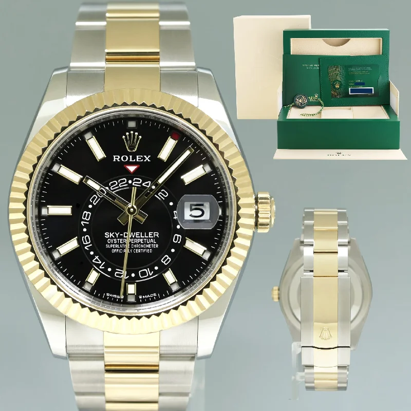 2023 NEW PAPERS Rolex Sky-Dweller Two Tone Gold Black Oyster 42mm 336933 Watch