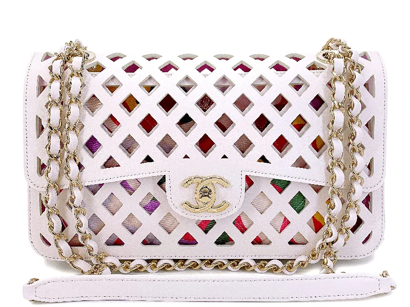 Chanel White Pink Diamond Cutout See Through Medium Flap Bag GHW