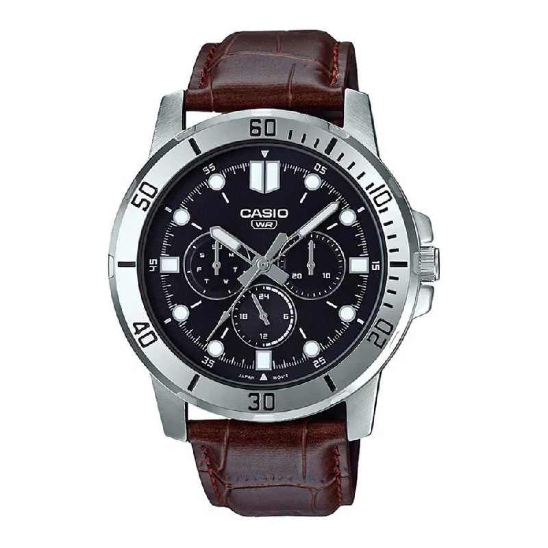 Casio Mens Enticer Black Dial Leather Multi-Function Watch - A1751