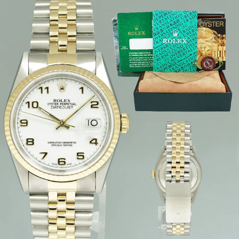 MINT Rolex DateJust 36mm White Arabic 16233 Two Tone Steel Jubilee Watch Box