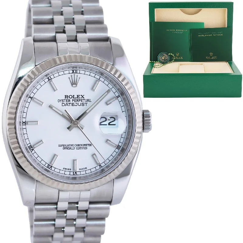 MINT Rolex DateJust Steel White Gold White Stick Dial 116234 36mm Jubilee Watch Box