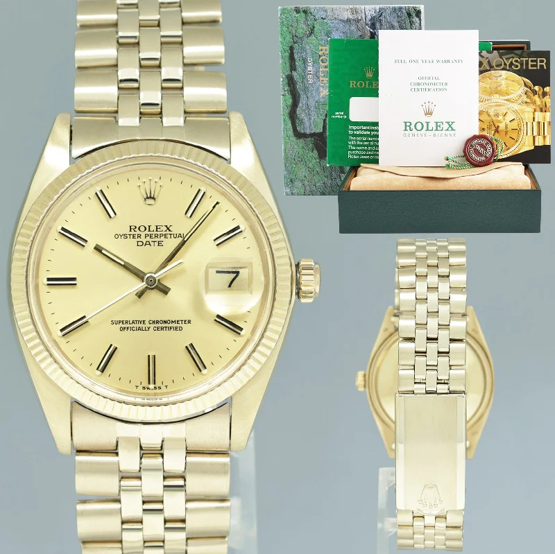 PAPERS Rolex Date 34mm 1503 Yellow Gold Champagne Stick Jubilee Watch Box