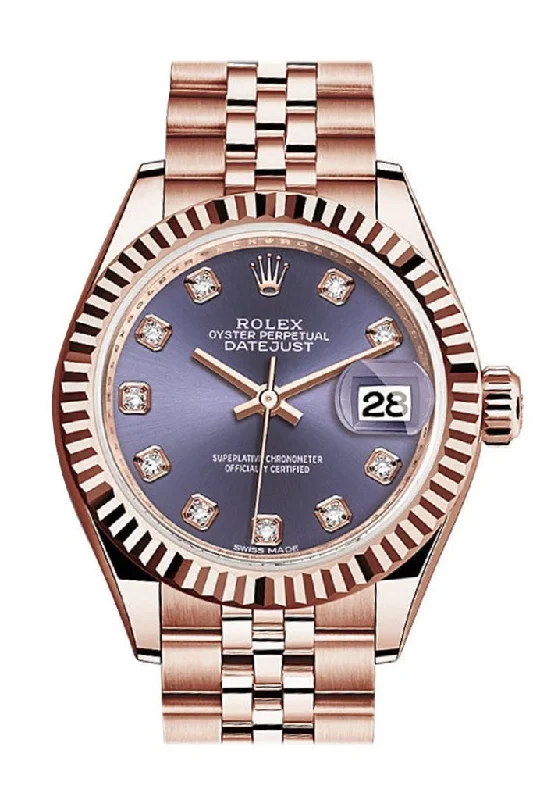 Rolex Datejust 28 Aubergine Diamond Dial Fluted Bezel Rose Gold Jubilee Ladies Watch 279175 NP