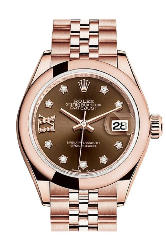 Rolex Datejust 28 Chocolate 9 diamonds set in star Dial Rose Gold Jubilee Ladies Watch 279165 NP