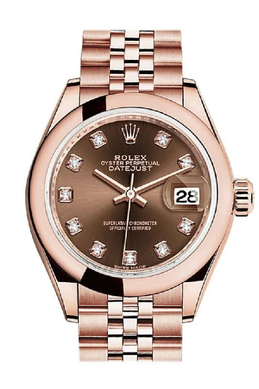 Rolex Datejust 28 Chocolate Diamond Dial Rose Gold Jubilee Ladies Watch 279165 NP