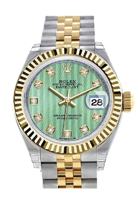 Rolex Datejust 28 Mint Green Diamond Dial Fluted Yellow Gold Two Tone Jubilee Ladies Watch 279173