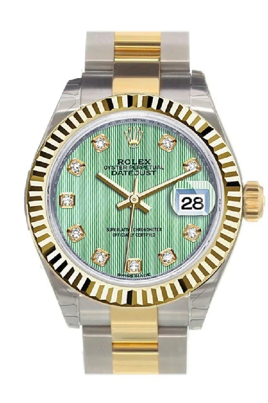 Rolex Datejust 28 Mint Green Diamond Dial Fluted Yellow Gold Two Tone Ladies Watch 279173