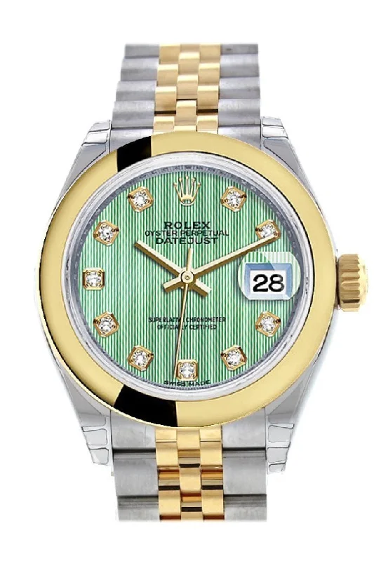 Rolex Datejust 28 Mint Green Diamond Dial Yellow Gold Two Tone Jubilee Ladies Watch 279163