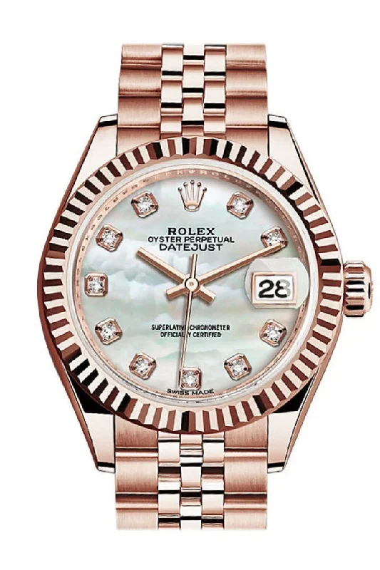 Rolex Datejust 28 Mother of Pearl Diamond Dial Fluted Bezel Rose Gold Jubilee Ladies Watch 279175