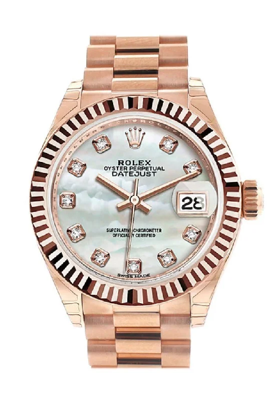 Rolex Datejust 28 Mother of Pearl Diamond Dial Fluted Bezel Rose Gold President Ladies Watch 279175 NP