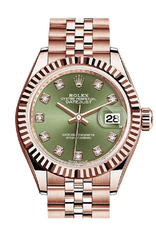 Rolex Datejust 28 Olive Green Diamond Dial Fluted Bezel Rose Gold Jubilee Ladies Watch 279175 NP