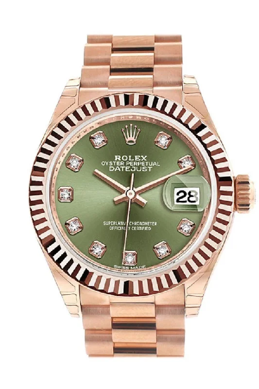 Rolex Datejust 28 Olive Green Diamond Dial Fluted Bezel Rose Gold President Ladies Watch 279175 NP