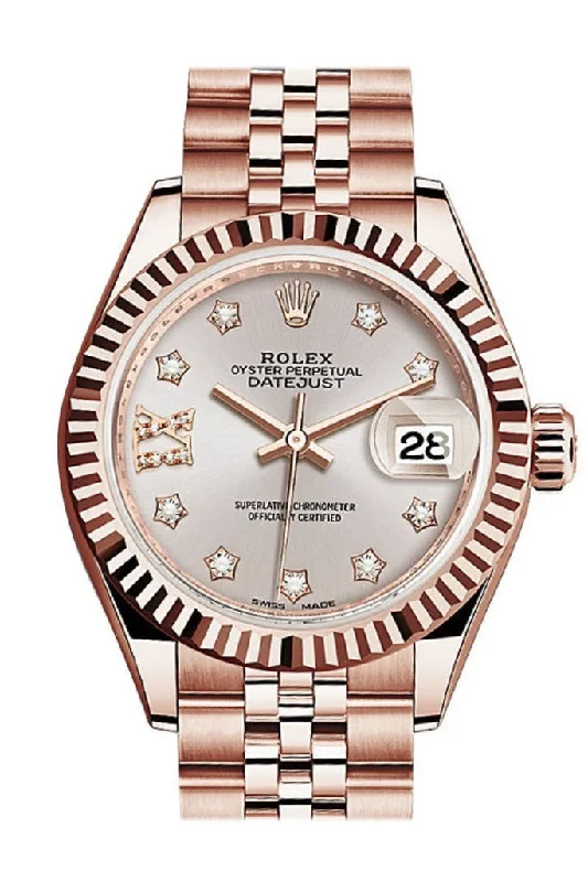 Rolex Datejust 28 Sundust 9 diamonds set in star Dial Fluted Bezel Rose Gold Jubilee Ladies Watch 279175