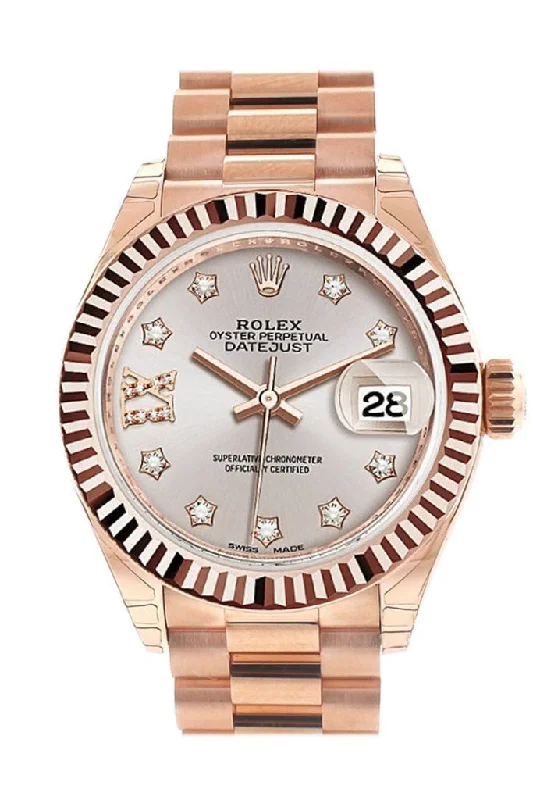 Rolex Datejust 28 Sundust 9 diamonds set in star Dial Fluted Bezel Rose Gold President Ladies Watch 279175 NP