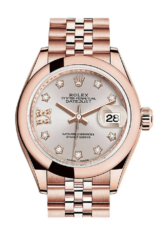 Rolex Datejust 28 Sundust 9 diamonds set in star Dial Rose Gold Jubilee Ladies Watch 279165 NP