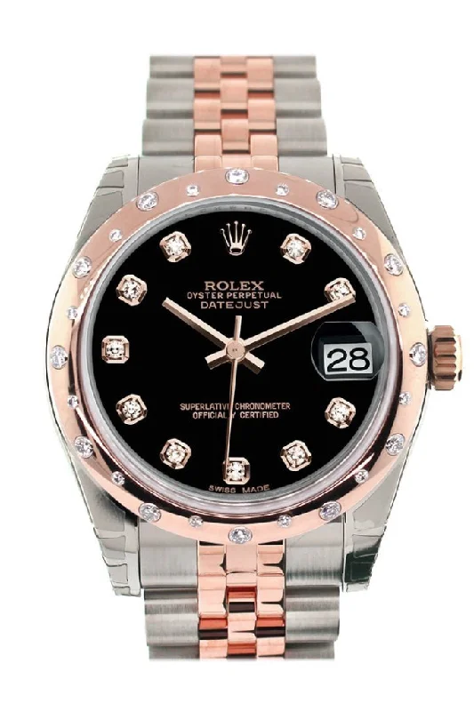 Rolex Datejust 31 Black Diamond Dial Diamond Bezel 18K Rose Gold Two Tone Jubilee Ladies Watch 178341 Pre-owned