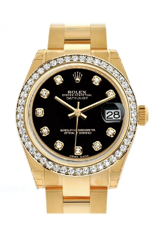 Rolex Datejust 31 Black Diamond Dial Diamond Bezel 18K Yellow Gold Ladies Watch 178288 Pre-owned