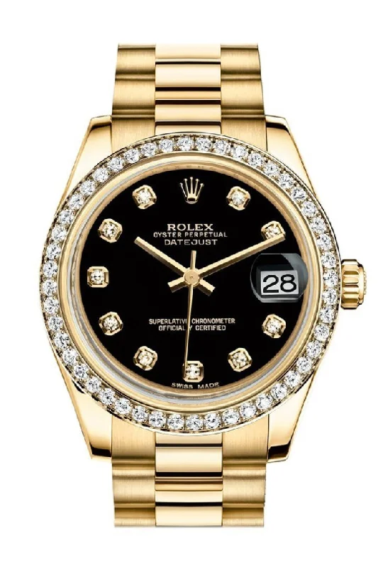 Rolex Datejust 31 Black Diamond Dial Diamond Bezel 18K Yellow Gold President Ladies Watch 178288 Pre-owned