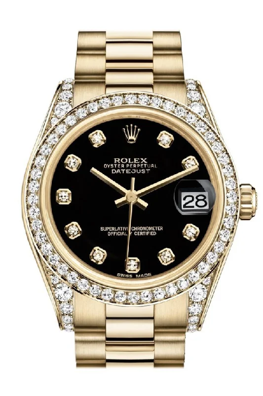 Rolex Datejust 31 Black Diamond Dial Diamond Bezel Lug 18K Yellow Gold President Ladies Watch 178158 Pre-owned