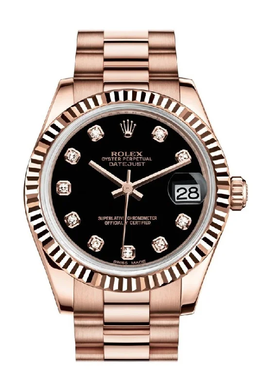 Rolex Datejust 31 Black Diamond Dial Fluted Bezel 18K Everose Gold President Ladies Watch 178275 Pre-owned