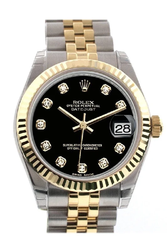 Rolex Datejust 31 Black Diamond Dial Fluted Bezel 18K Gold Two Tone Jubilee Ladies 178273 Pre-owned