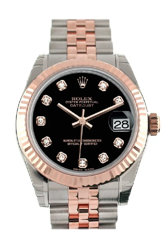 Rolex Datejust 31 Black Diamond Dial Fluted Bezel 18K Rose Gold Two Tone Jubilee Ladies Watch 178271 Pre-owned