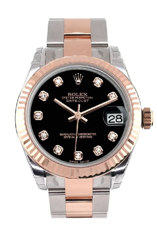 Rolex Datejust 31 Black Diamond Dial Fluted Bezel 18K Rose Gold Two Tone Ladies Watch 178271 Pre-owned