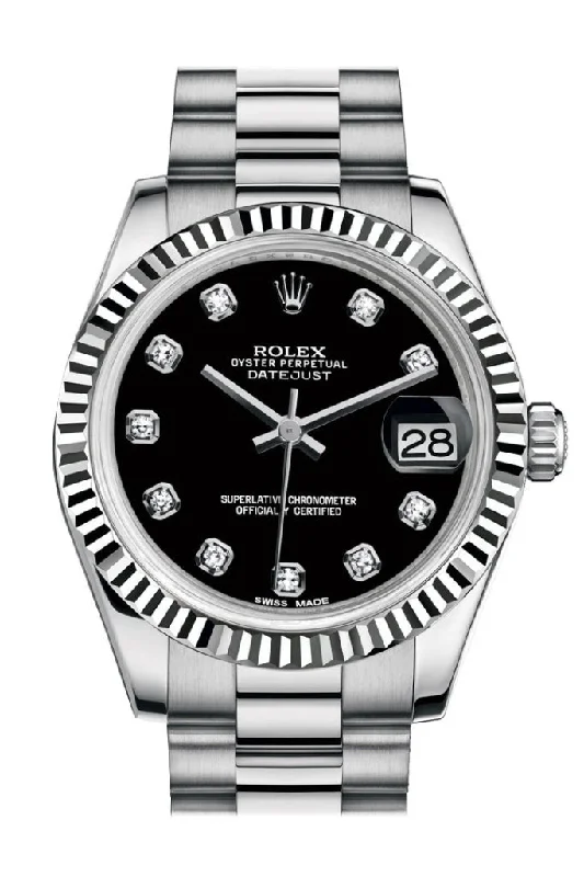 Rolex Datejust 31 Black Diamond Dial Fluted Bezel 18K White Gold President Ladies Watch 178279 Pre-owned