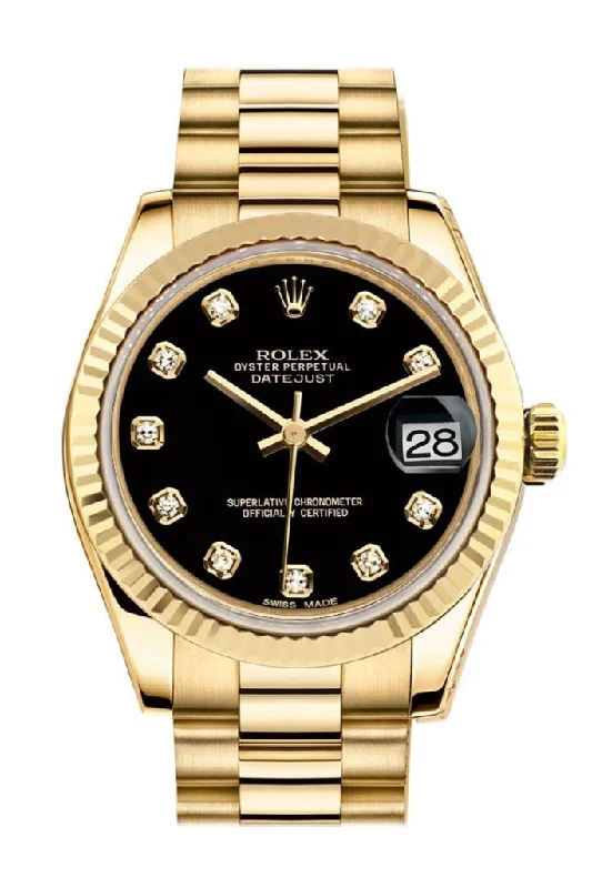 Rolex Datejust 31 Black Diamond Dial Fluted Bezel 18K Yellow Gold President Ladies Watch 178278 Pre-owned