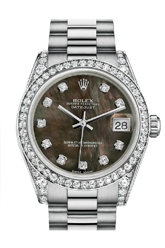 Rolex Datejust 31 Black mother-of-pearl Diamond Dial Diamond Bezel Lug 18K White Gold President Watch 178159 Pre-owned