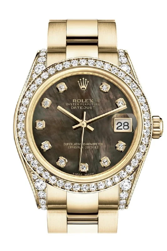 Rolex Datejust 31 Black Mother of Pearl Diamond Dial Diamond Bezel Lug 18K Yellow Gold Ladies Watch 178158 Pre-owned