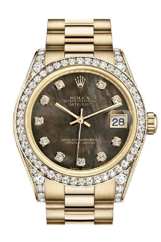 Rolex Datejust 31 Black Mother of Pearl Diamond Dial Diamond Bezel Lug 18K Yellow Gold President Ladies Watch 178158 Pre-owned