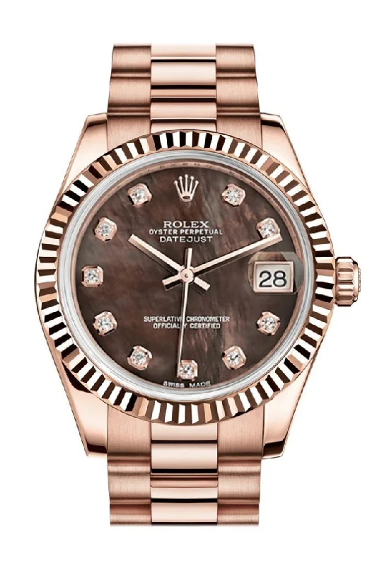 Rolex Datejust 31 Black Mother of Pearl Diamond Dial Fluted Bezel 18K Everose Gold President Ladies Watch 178275 Pre-owned