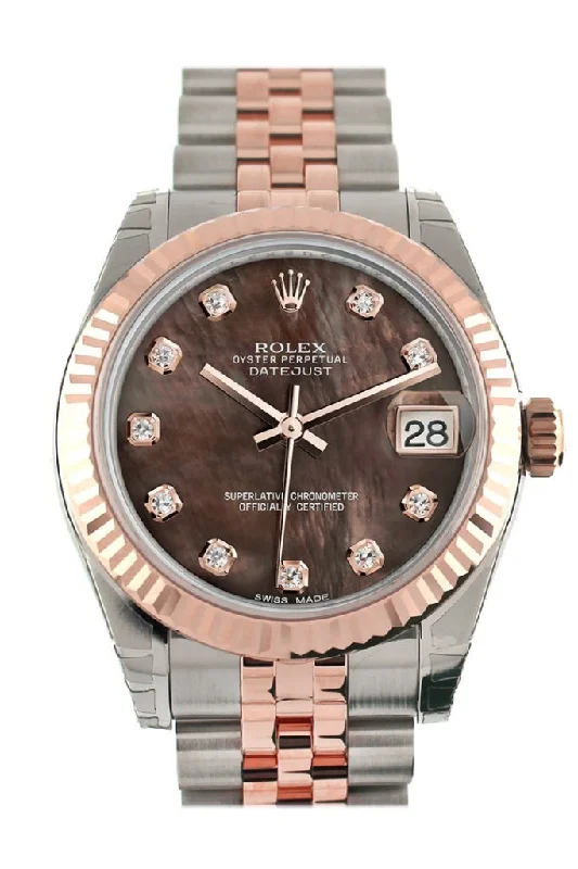 Rolex Datejust 31 Black Mother of Pearl Diamond Dial Fluted Bezel 18K Rose Gold Two Tone Jubilee Ladies Watch 178271 Pre-owned