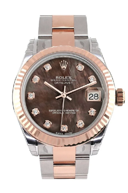 Rolex Datejust 31 Black Mother of Pearl Diamond Dial Fluted Bezel 18K Rose Gold Two Tone Ladies Watch 178271 Pre-owned