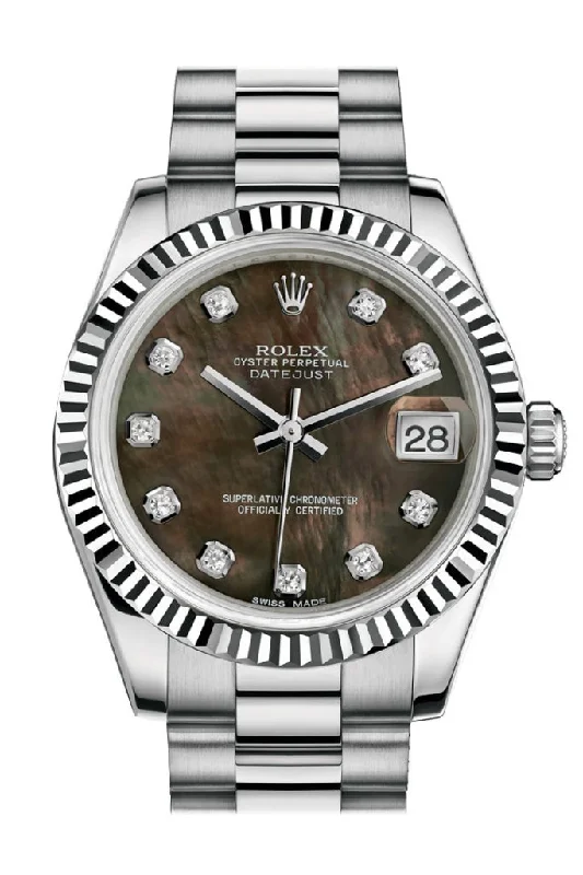 Rolex Datejust 31 Black mother-of-pearl Diamond Dial Fluted Bezel 18K White Gold President Ladies Watch 178279 Pre-owned