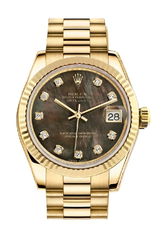 Rolex Datejust 31 Black Mother of Pearl Diamond Dial Fluted Bezel 18K Yellow Gold President Ladies Watch 178278 Pre-owned