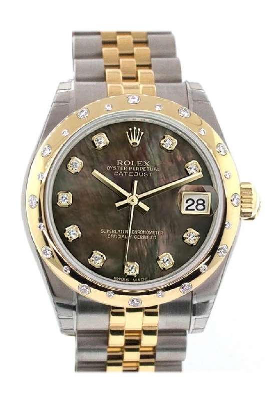 Rolex Datejust 31 Black Mother of Pearl Diamonds Dial Diamond Bezel 18K Gold Two Tone Jubilee Ladies 178343 Pre-owned