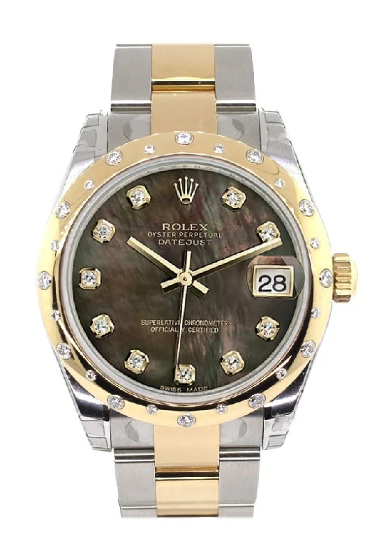 Rolex Datejust 31 Black Mother of Pearl Diamonds Dial Diamond Bezel 18K Gold Two Tone Ladies 178343 Pre-owned