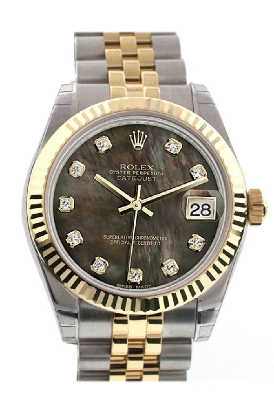 Rolex Datejust 31 Black Mother of Pearl Diamonds Dial Fluted Bezel 18K Gold Two Tone Jubilee Ladies 178273 Pre-owned