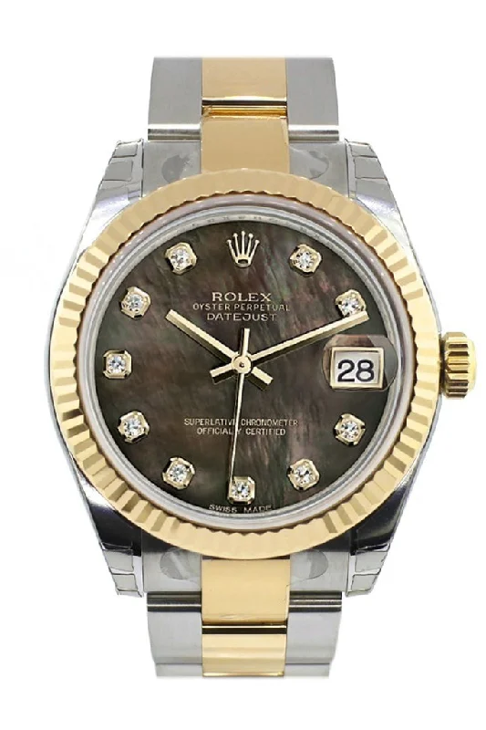 Rolex Datejust 31 Black Mother of Pearl Diamonds Dial Fluted Bezel 18K Gold Two Tone Ladies 178273 Pre-owned