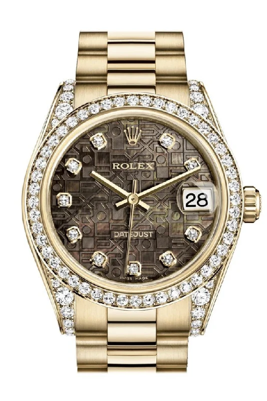 Rolex Datejust 31 Black Mother of Pearl Jubilee Diamond Dial Diamond Bezel Lug 18K Yellow Gold President Ladies Watch 178158 Pre-owned