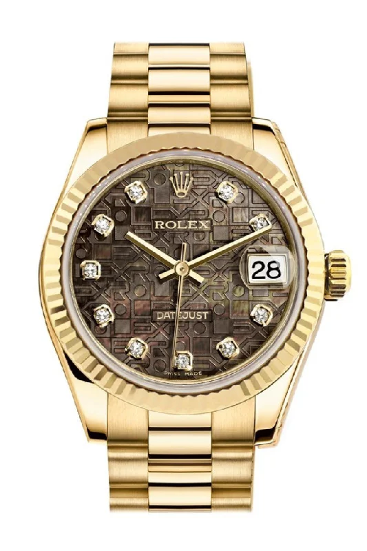 Rolex Datejust 31 Black Mother of Pearl Jubilee Diamond Dial Fluted Bezel 18K Yellow Gold President Ladies Watch 178278 Pre-owned