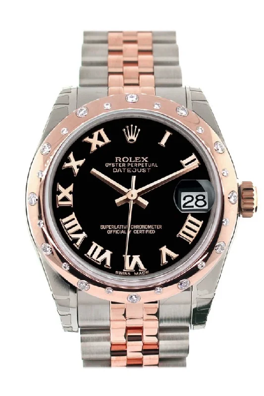 Rolex Datejust 31 Black Roman Dial Diamond Bezel 18K Rose Gold Two Tone Jubilee Ladies Watch 178341 Pre-owned