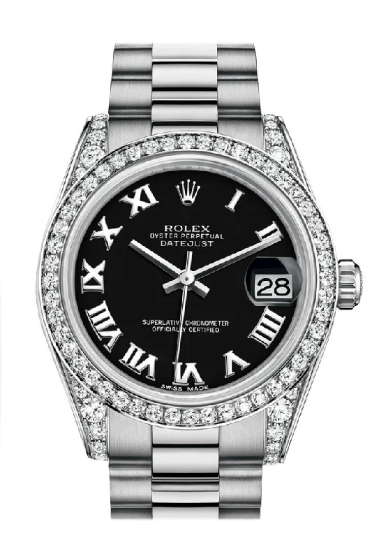 Rolex Datejust 31 Black Roman Dial Diamond Bezel Lug 18K White Gold President Ladies Watch 178159 Pre-owned