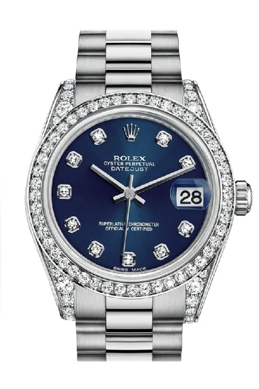 Rolex Datejust 31 Blue Diamond Dial Diamond Bezel Lug 18K White Gold President Ladies Watch 178159 Pre-owned